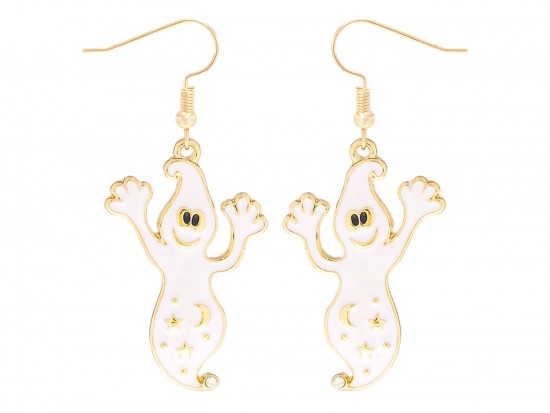White Funny Ghost Gold Hook Earrings