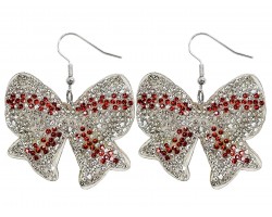 White Crystal Baseball Bow Puffy Earrings