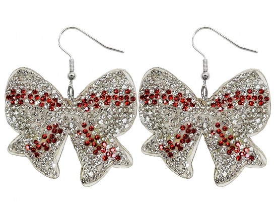 White Crystal Baseball Bow Puffy Earrings