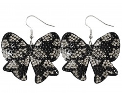 Black White Crystal Soccer Ball Bow Puffy Earrings