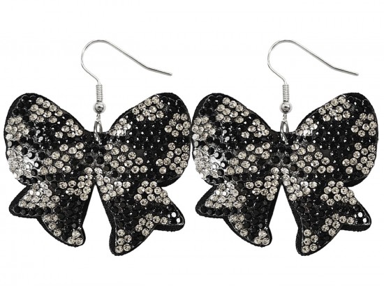 Black White Crystal Soccer Ball Bow Puffy Earrings Black White Crystal Soccer Ball Bow Puffy Earrings