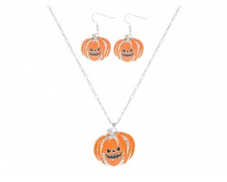 Orange Jack-O'lantern Pendant Necklace Set