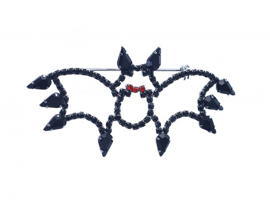 Black Crystal Halloween Bat Bar Pin Brooch.