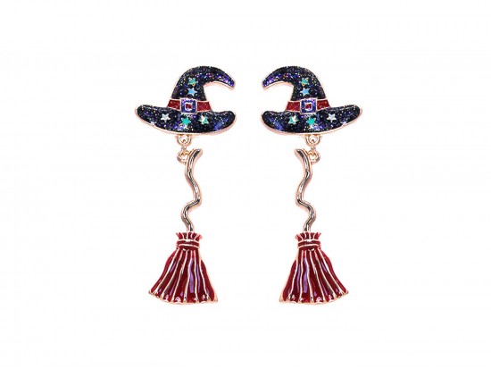 Witch Hat & Broom Halloween Hook Earrings