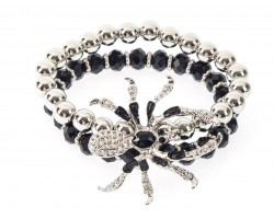 Black Silver Crystal Spider Bead Stretch Bracelet