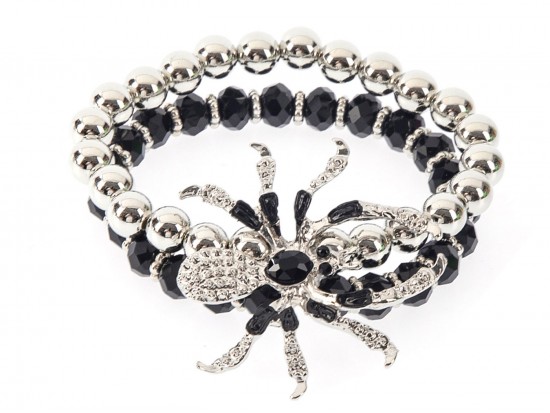 Black Silver Crystal Spider Bead Stretch Bracelet