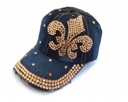 Fleur De Lis Gold Crystal Dark Denim Blue Cap