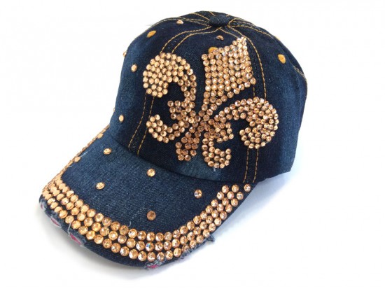 Fleur De Lis Gold Crystal Dark Denim Blue Cap