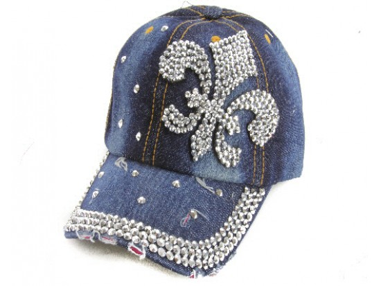 Fleur De Lis Crystal Dark Denim Blue Cap