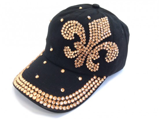 Fleur De Lis Gold Crystal Black Cap