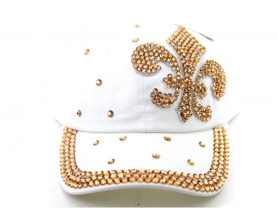 Fleur De Lis Gold Crystal White Ball Cap