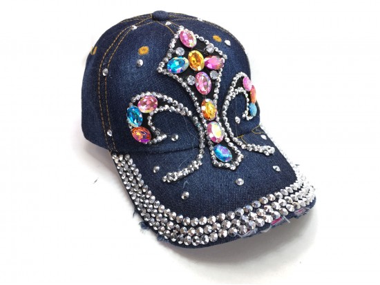 Fleur De Lis Multi Crystal Dark Blue denim Ball Cap