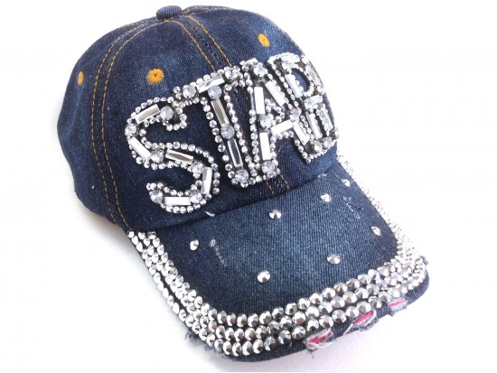Clear Crystal STAR Dark Blue Denim Baseball Cap