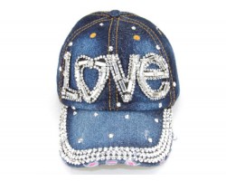 Blue Dark Denim Clear Crystal LOVE Baseball Cap