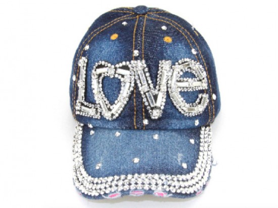 Blue Dark Denim Clear Crystal LOVE Baseball Cap