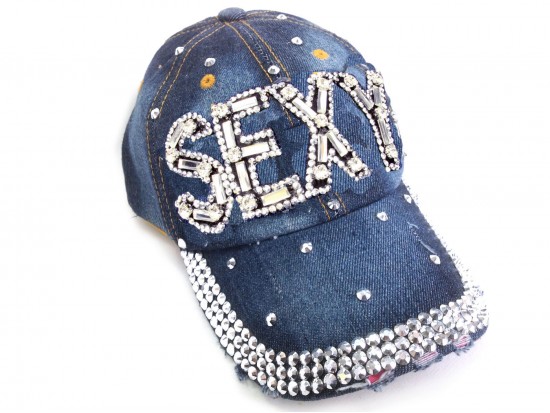 Clear Crystal SEXY Dark Blue Denim Baseball Cap