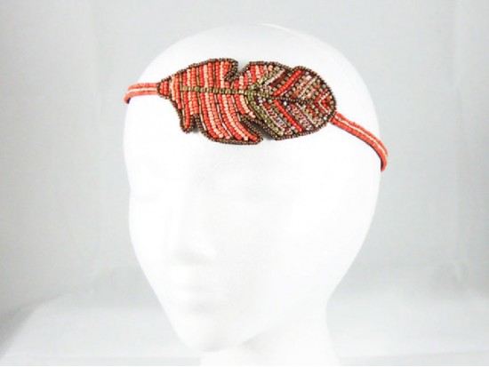 Coral Feather Seed Bead Stretch Headband Coral Feather Seed Bead Stretch Headband
