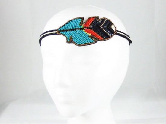 Turquoise Black Feather Seed Bead Stretch Headband