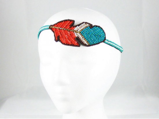 Coral Turquoise Feather Seed Bead Stretch Headband