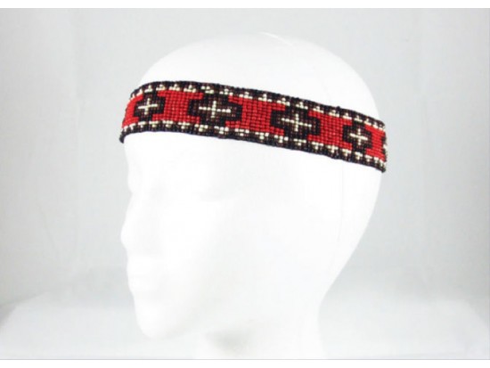 Red Black Crosses Stretch Seed Bead Headband Red Black Crosses Stretch Seed Bead Headband