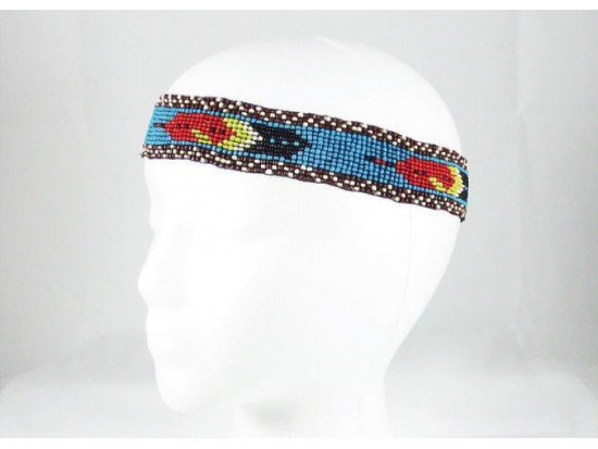 Turquoise Red Feathers Seed Bead Stretch Headband Turquoise Red Feathers Seed Bead Stretch Headband