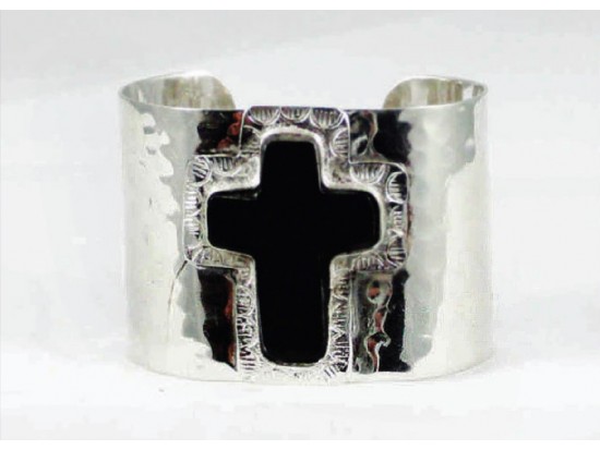 Black Cross Silver Plate Wide Cuff Hammered Bracelet Black Cross Silver Plate Wide Cuff Hammered Bracelet