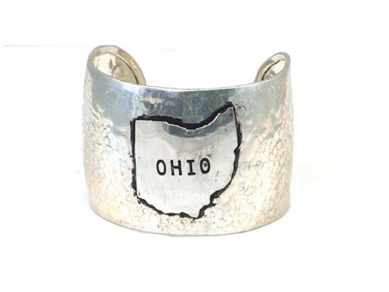 Silver Ohio State Map Wide Hammered Cuff Bracelet