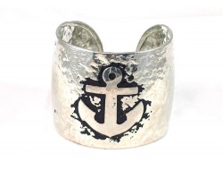 Silver Anchor Wide Hammered Cuff Bracelet