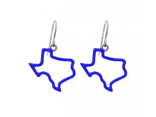 Blue Texas State Map Open Cut Silver Hook Earrings