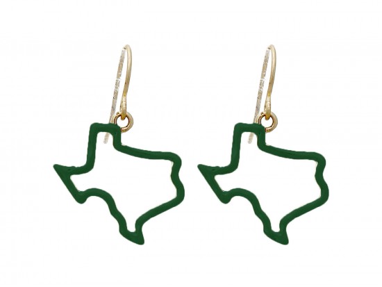 Green Texas State Map Open Cut Gold Hook Earrings
