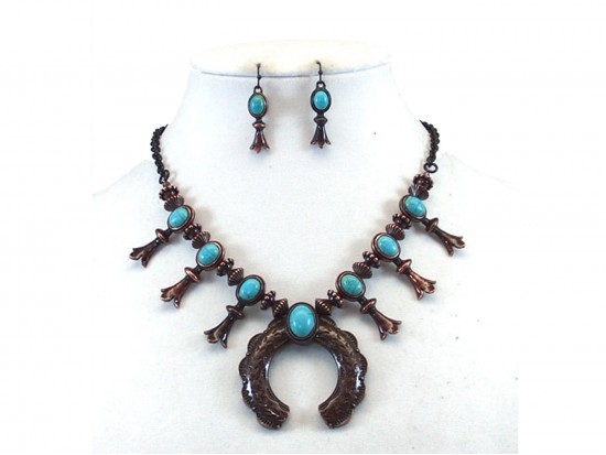 Copper Turquoise Squash Blossom Necklace Set