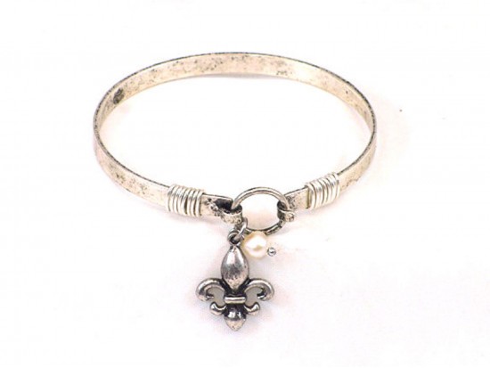 Silver Fleur de Lis Charm Wire Hook Bracelet