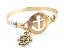 Gold Cut Out Anchor Pearl Wheel Wire Bracelet