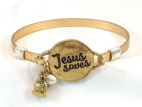 Gold Jesus Saves Wire Wrap Hook Bracelet