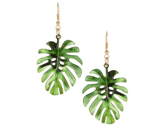 Green Tropical Leaf Hook Earrings