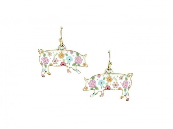 Gold Multi Pig Floral Print Hook Earrings