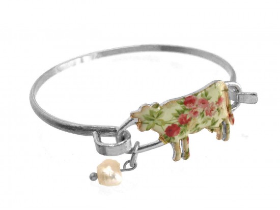 Multi Cow Floral Print Silver Hook Bracelet
