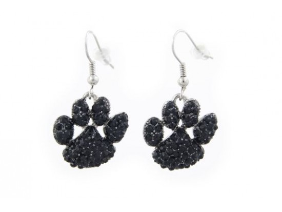 Silver Jet Crystal Paw Print Fish Hook Earrings
