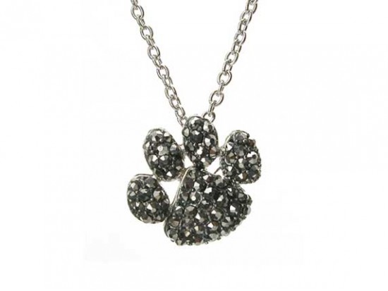Silver Chain Necklace With Hematite Crystal Paw Print Pendant