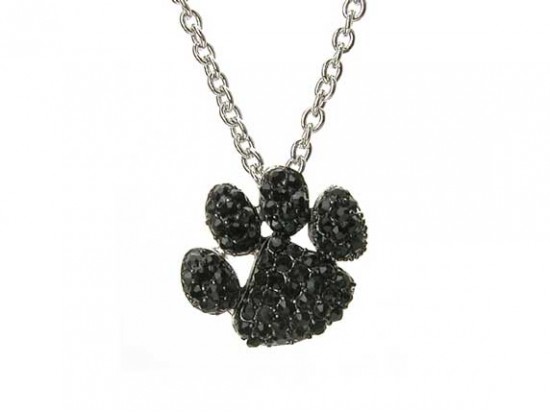 Silver Chain Necklace With Jet Crystal Paw Print Pendant