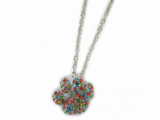 Silver Chain Necklace With Multi Crystal Paw Print Pendant