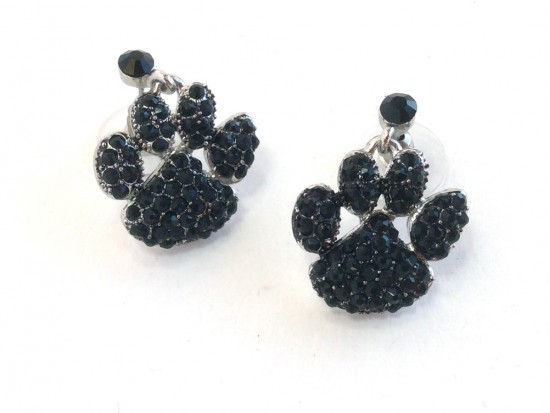 Black Crystal Paw Print Dangle Post Earrings