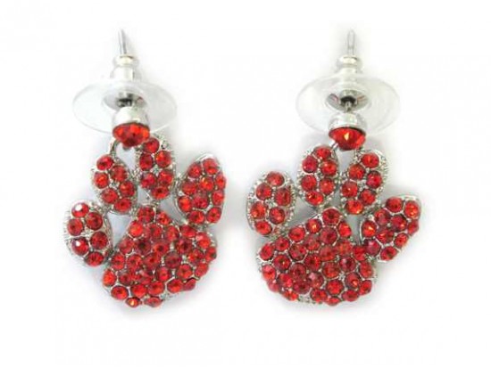 Red Crystal Paw Print Dangle Post Earrings