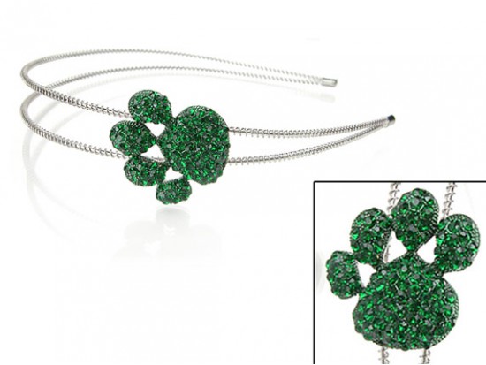 Green Crystal Paw Print Silver Coil Wire Headband
