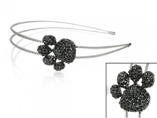 Black Crystal Paw Print Silver Coil Wire Headband