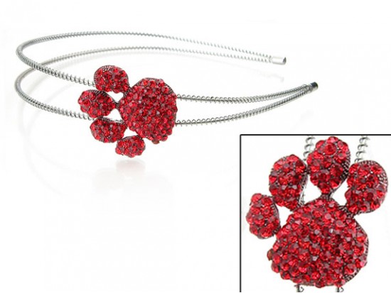 Red Crystal Paw Print Silver Coil Wire Headband