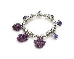 Amethyst Crystal Paw Print Charms Antique Silver Bead Stretch Bracelet