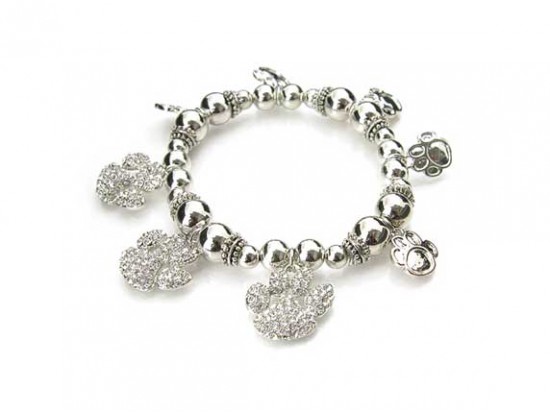 Clear Crystal Paw Print Charms Antique Silver Bead Stretch Bracelet