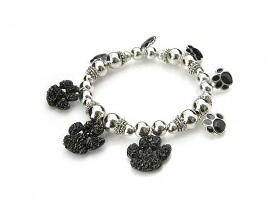 Jet Crystal Paw Print Charms Antique Silver Bead Stretch Bracelet