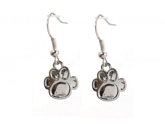 Silver Enamel Mini Paw Print Hook Earrings